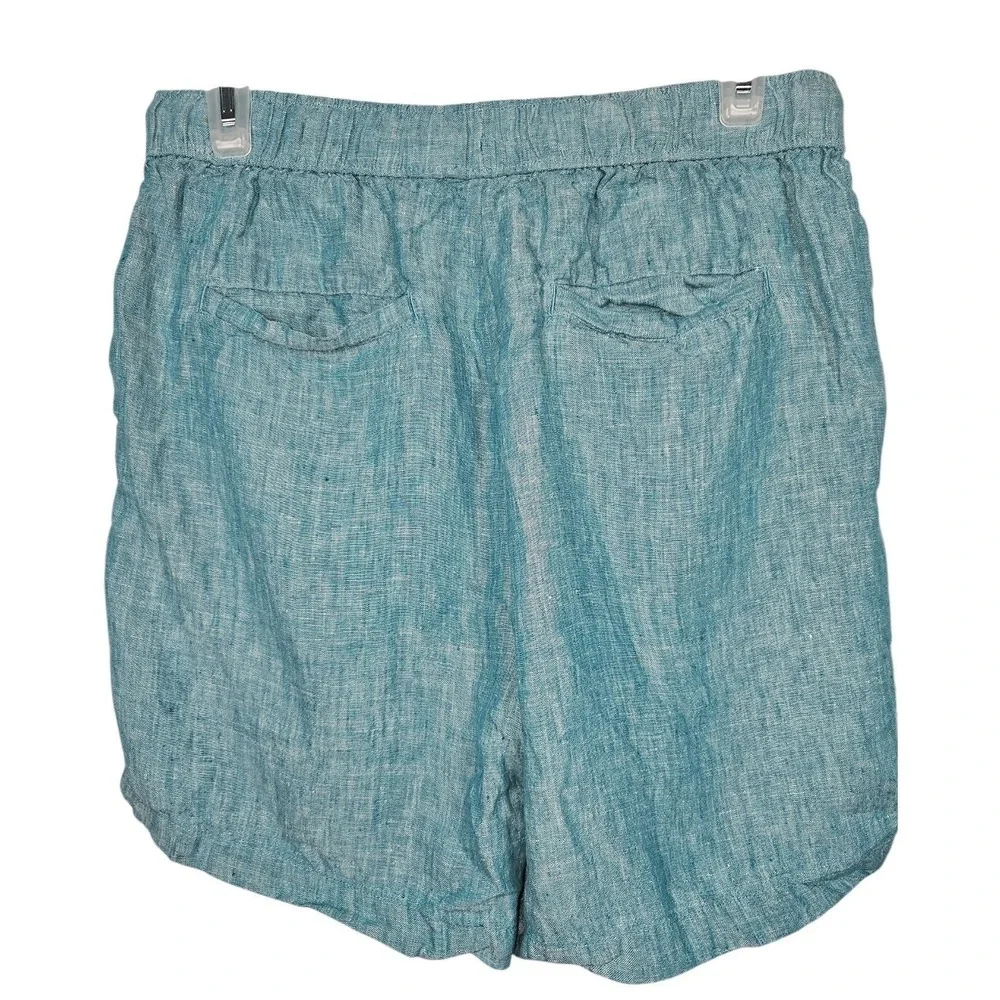Tahari Shorts 100% Linen Elastic Waist Drawstring Teal Blue Womens Size Medium